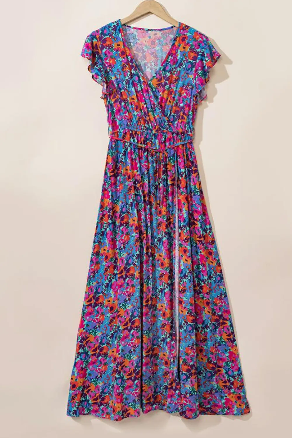Best Dear-Lover Floral Print V Neck Wrap Split Maxi Dress Blue
