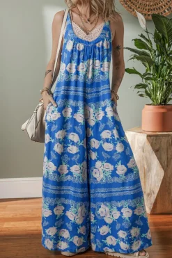 Clearance Dear-Lover Floral Print Wide Leg Sleeveless Jumpsuit Blue