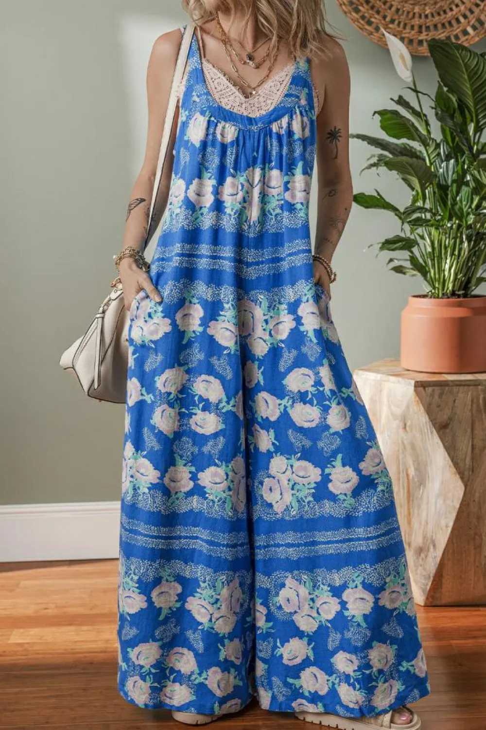 Clearance Dear-Lover Floral Print Wide Leg Sleeveless Jumpsuit Blue