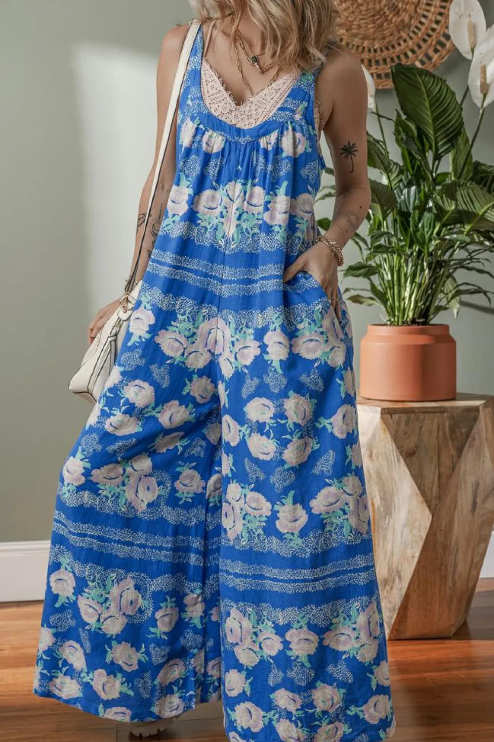 Clearance Dear-Lover Floral Print Wide Leg Sleeveless Jumpsuit Blue