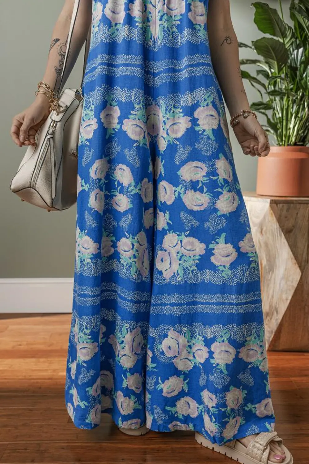 Clearance Dear-Lover Floral Print Wide Leg Sleeveless Jumpsuit Blue