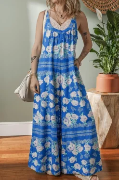 Clearance Dear-Lover Floral Print Wide Leg Sleeveless Jumpsuit Blue
