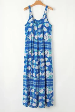 Clearance Dear-Lover Floral Print Wide Leg Sleeveless Jumpsuit Blue