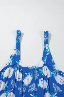 Clearance Dear-Lover Floral Print Wide Leg Sleeveless Jumpsuit Blue