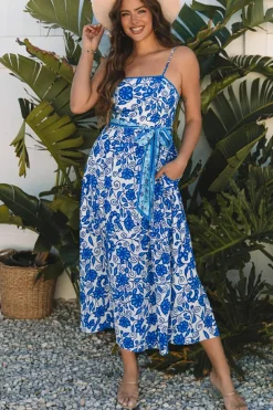 Discount Dear-Lover Floral Printed Spaghetti Strap Maxi Dress with Waist Tie Blue