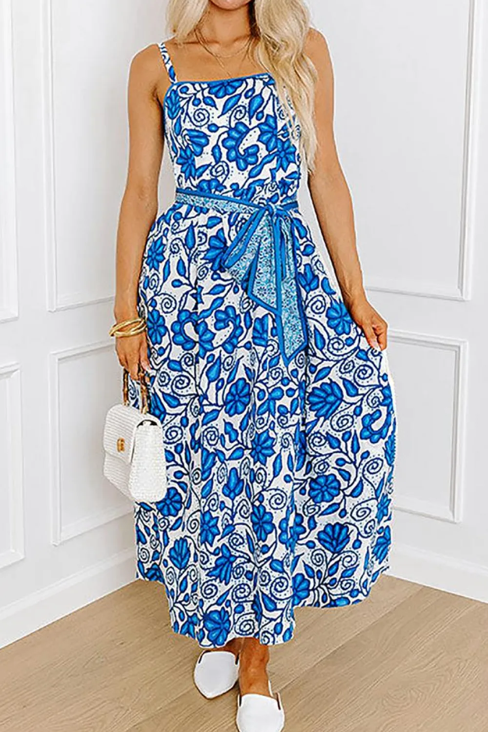 Discount Dear-Lover Floral Printed Spaghetti Strap Maxi Dress with Waist Tie Blue