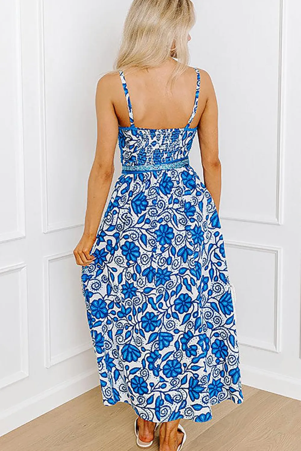 Discount Dear-Lover Floral Printed Spaghetti Strap Maxi Dress with Waist Tie Blue