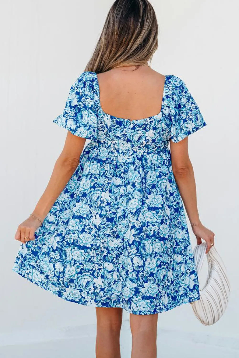 Clearance Dear-Lover Floral Puff Sleeve Babydoll Mini Dress Blue