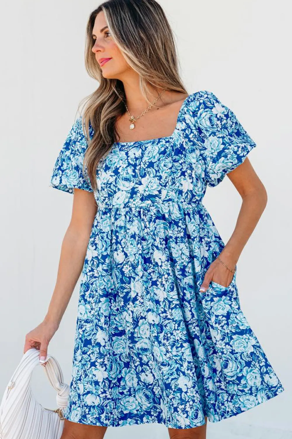 Clearance Dear-Lover Floral Puff Sleeve Babydoll Mini Dress Blue