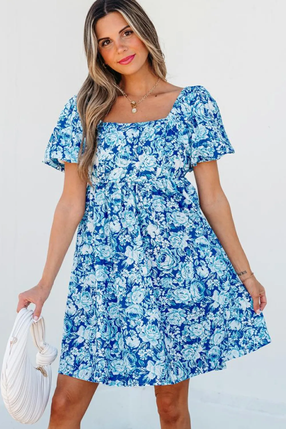 Clearance Dear-Lover Floral Puff Sleeve Babydoll Mini Dress Blue