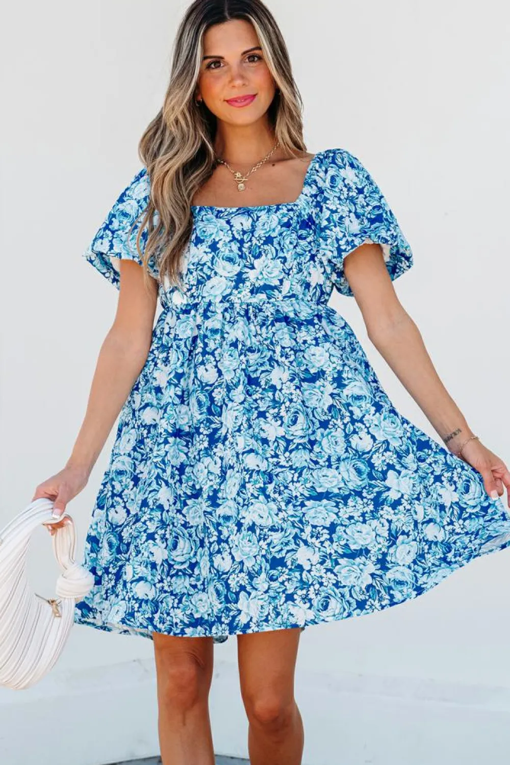 Clearance Dear-Lover Floral Puff Sleeve Babydoll Mini Dress Blue