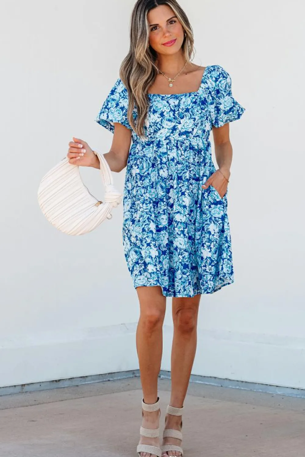 Clearance Dear-Lover Floral Puff Sleeve Babydoll Mini Dress Blue