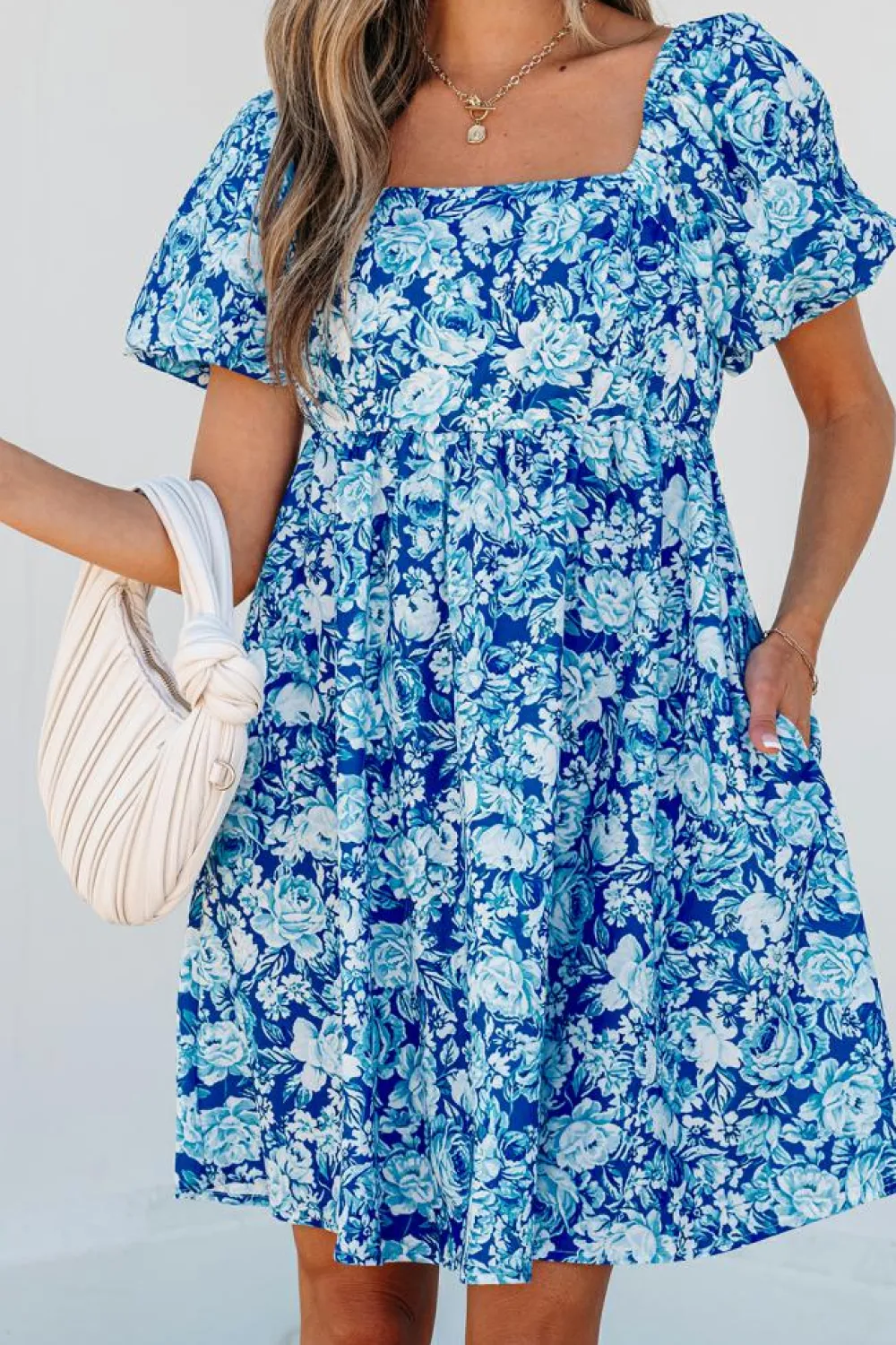 Clearance Dear-Lover Floral Puff Sleeve Babydoll Mini Dress Blue