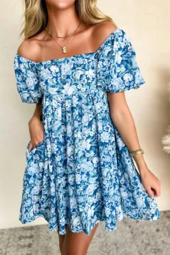 Clearance Dear-Lover Floral Puff Sleeve Babydoll Mini Dress Blue