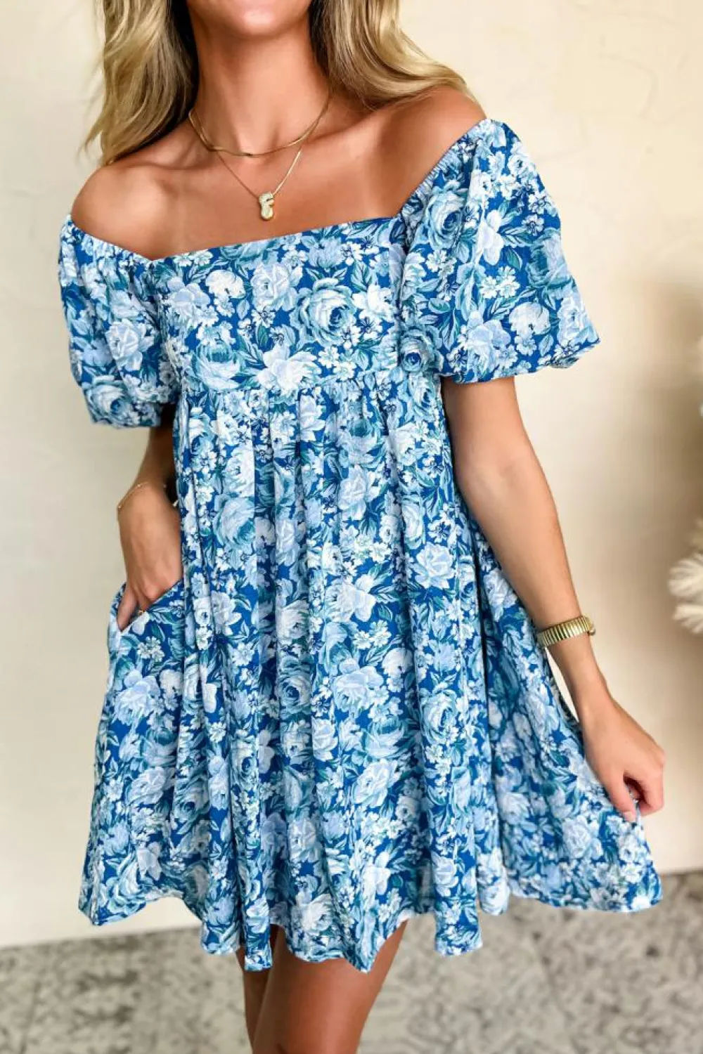 Clearance Dear-Lover Floral Puff Sleeve Babydoll Mini Dress Blue