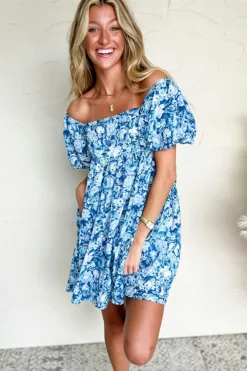 Clearance Dear-Lover Floral Puff Sleeve Babydoll Mini Dress Blue