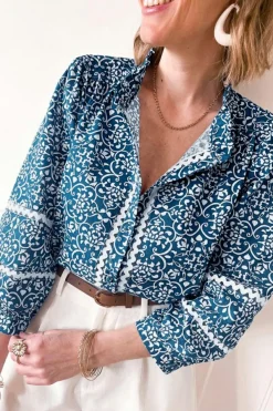 Best Dear-Lover Floral Ric-rac Patchwork Button Loose Fit Shirt Blue