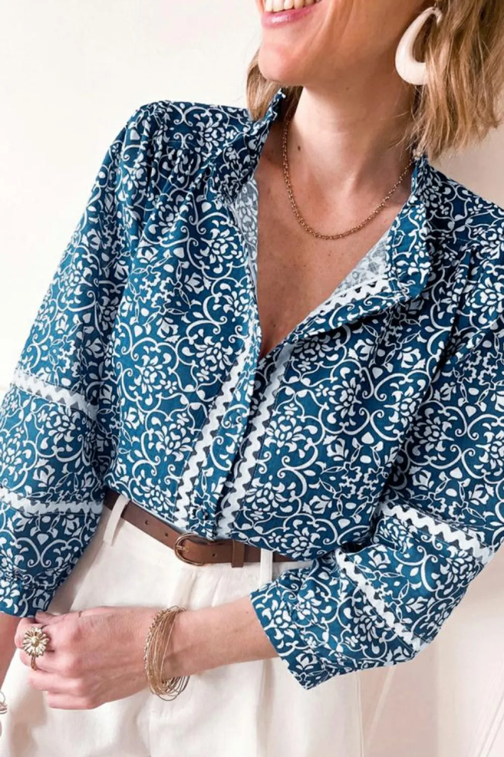 Best Dear-Lover Floral Ric-rac Patchwork Button Loose Fit Shirt Blue