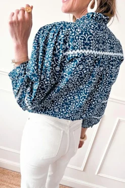 Best Dear-Lover Floral Ric-rac Patchwork Button Loose Fit Shirt Blue