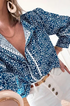 Best Dear-Lover Floral Ric-rac Patchwork Button Loose Fit Shirt Blue