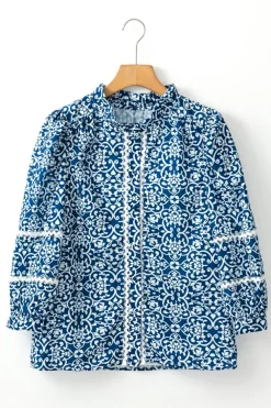 Best Dear-Lover Floral Ric-rac Patchwork Button Loose Fit Shirt Blue