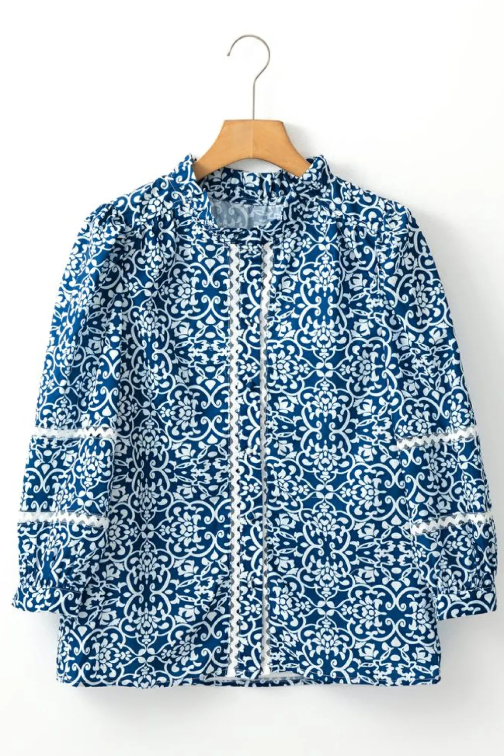 Best Dear-Lover Floral Ric-rac Patchwork Button Loose Fit Shirt Blue