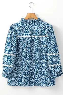 Best Dear-Lover Floral Ric-rac Patchwork Button Loose Fit Shirt Blue