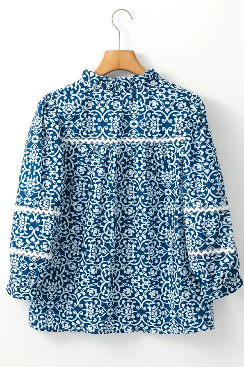 Best Dear-Lover Floral Ric-rac Patchwork Button Loose Fit Shirt Blue