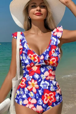 Discount Dear-Lover Floral Ruffle Trim V Neck Lace-up Back Tummy Control One Piece Swimsuit Blue