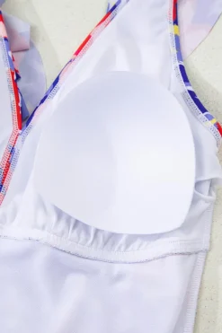 Discount Dear-Lover Floral Ruffle Trim V Neck Lace-up Back Tummy Control One Piece Swimsuit Blue