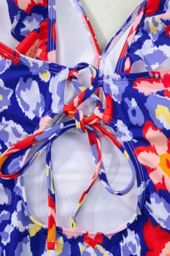 Discount Dear-Lover Floral Ruffle Trim V Neck Lace-up Back Tummy Control One Piece Swimsuit Blue