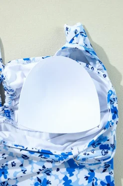 Hot Dear-Lover Floral Ruffled Strap Lace-up Hollow Out One Piece Swimsuit Blue