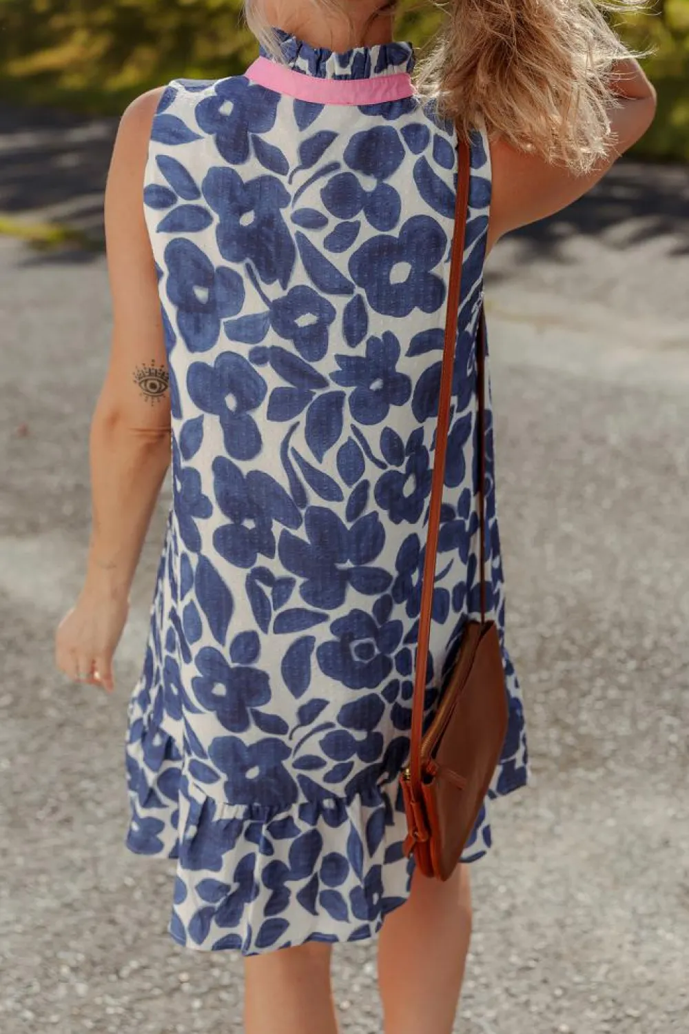 Clearance Dear-Lover Floral Sleeveless Colorblock Notched V Neck Mini Dress Blue
