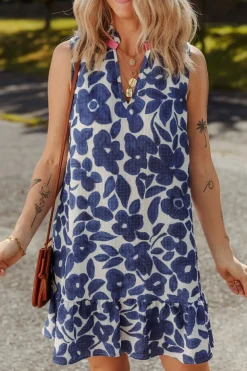 Clearance Dear-Lover Floral Sleeveless Colorblock Notched V Neck Mini Dress Blue