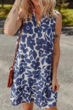 Clearance Dear-Lover Floral Sleeveless Colorblock Notched V Neck Mini Dress Blue