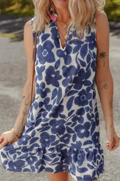 Clearance Dear-Lover Floral Sleeveless Colorblock Notched V Neck Mini Dress Blue