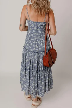 Online Dear-Lover Floral Spaghetti Strap Frilled V Neck Tiered Midi Dress Blue