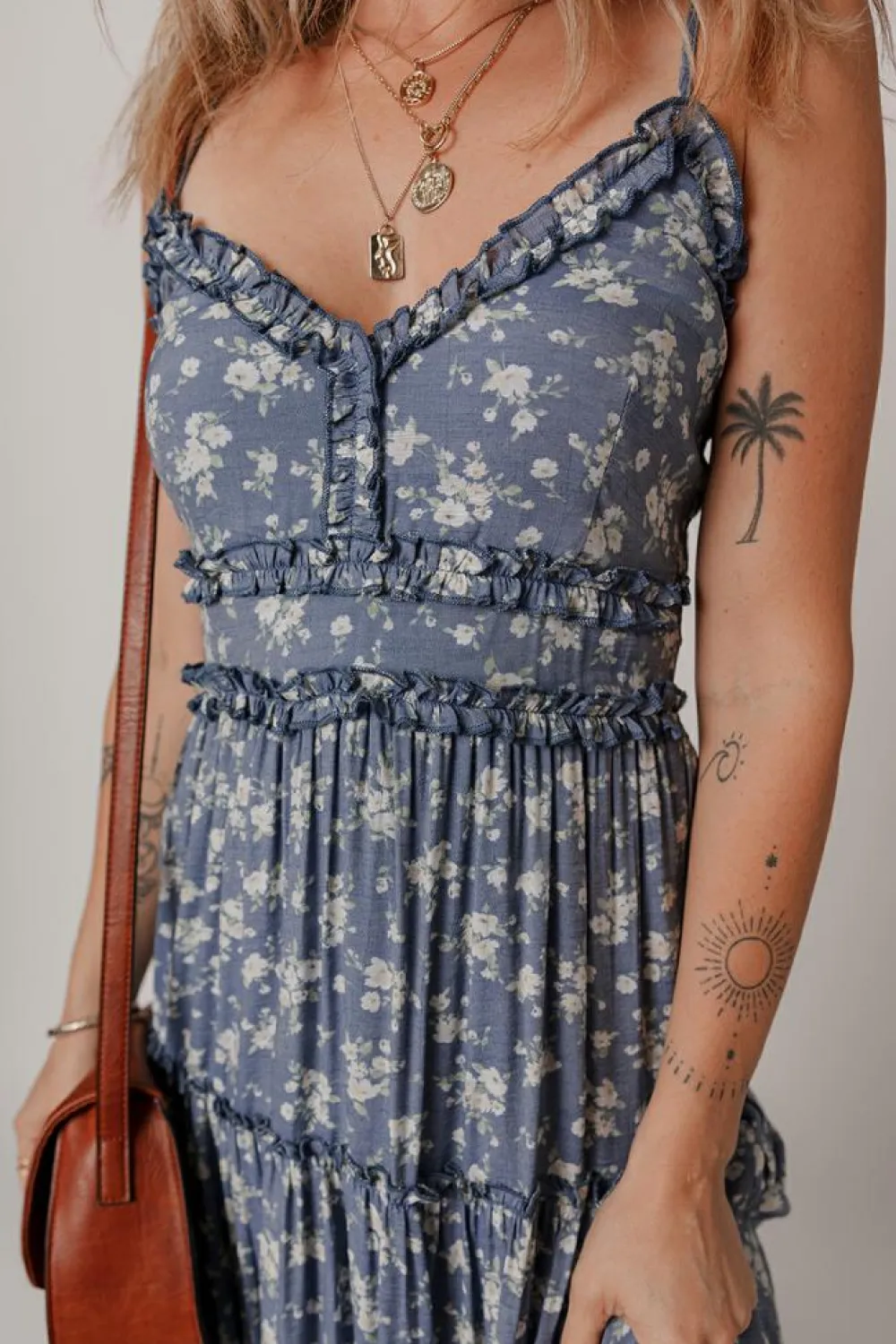 Online Dear-Lover Floral Spaghetti Strap Frilled V Neck Tiered Midi Dress Blue