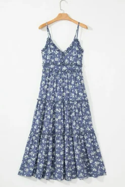 Online Dear-Lover Floral Spaghetti Strap Frilled V Neck Tiered Midi Dress Blue