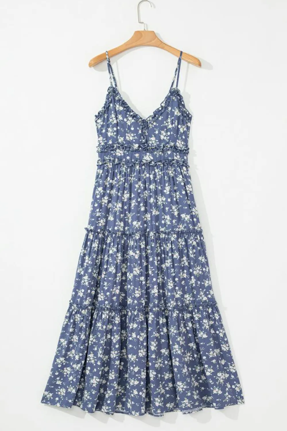 Online Dear-Lover Floral Spaghetti Strap Frilled V Neck Tiered Midi Dress Blue