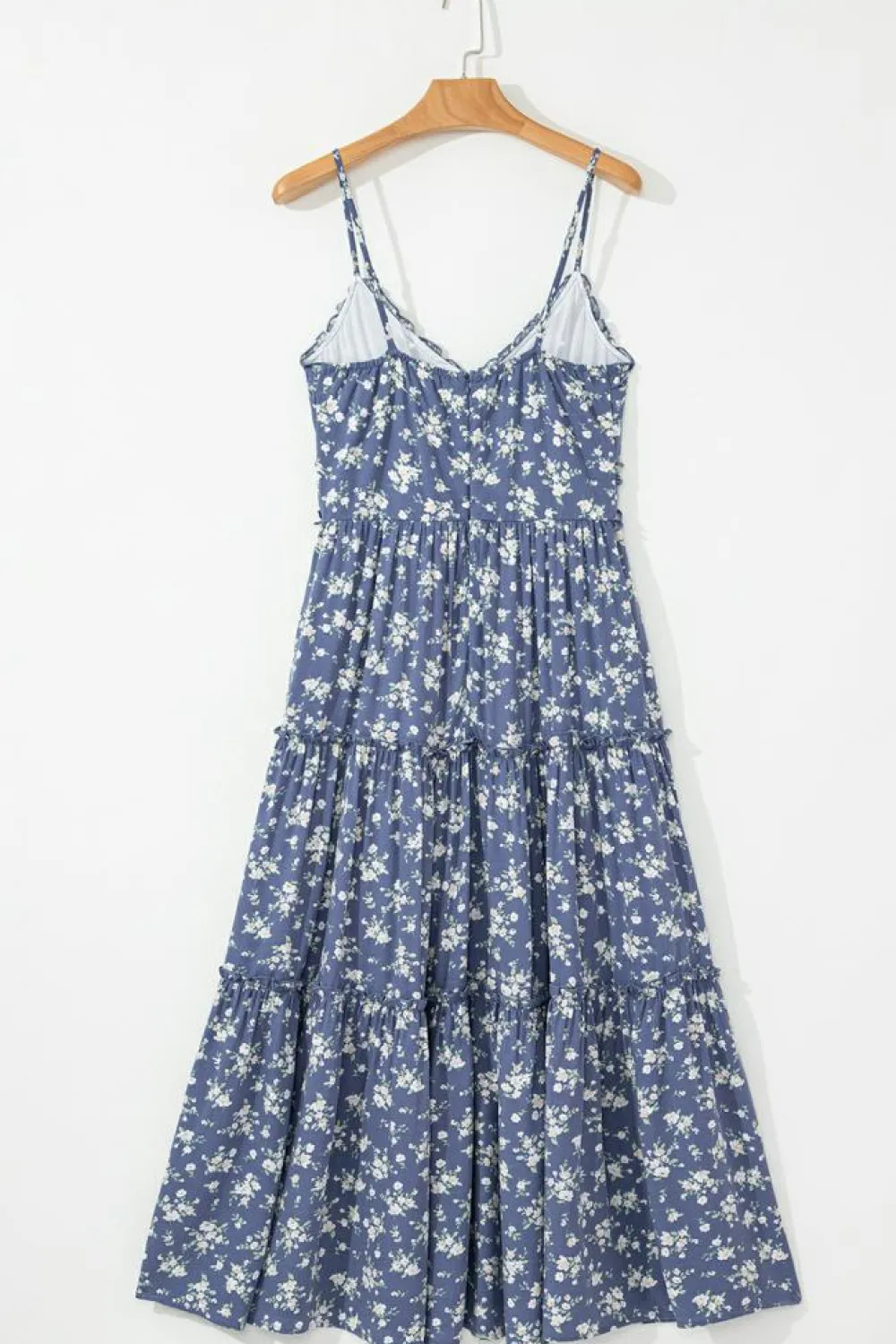 Online Dear-Lover Floral Spaghetti Strap Frilled V Neck Tiered Midi Dress Blue