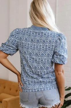 Hot Dear-Lover Floral Striped Print Contrast Ric-rac Puff Sleeve Top Blue