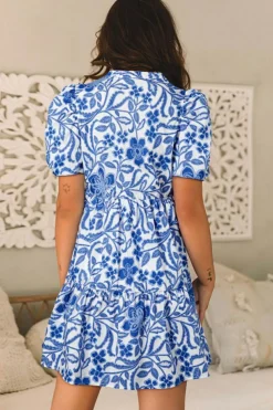 Best Dear-Lover Flower Print Puff Sleeve Tiered Dress Blue