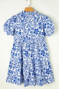 Best Dear-Lover Flower Print Puff Sleeve Tiered Dress Blue