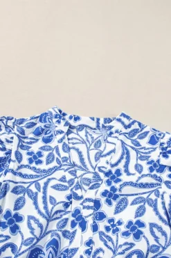 Best Dear-Lover Flower Print Puff Sleeve Tiered Dress Blue