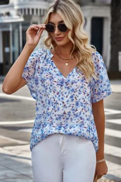 Hot Dear-Lover Flutter Sleeve V Neck Floral Summer Blouse Blue