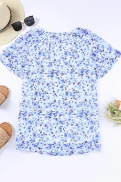 Hot Dear-Lover Flutter Sleeve V Neck Floral Summer Blouse Blue