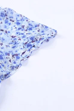 Hot Dear-Lover Flutter Sleeve V Neck Floral Summer Blouse Blue