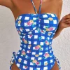 Best Dear-Lover Folk Gingham Halter Ruched Bodice Drawstring Ties One Piece Swimwear Blue
