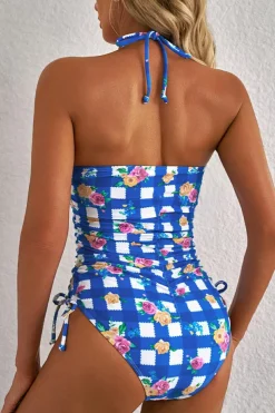 Best Dear-Lover Folk Gingham Halter Ruched Bodice Drawstring Ties One Piece Swimwear Blue